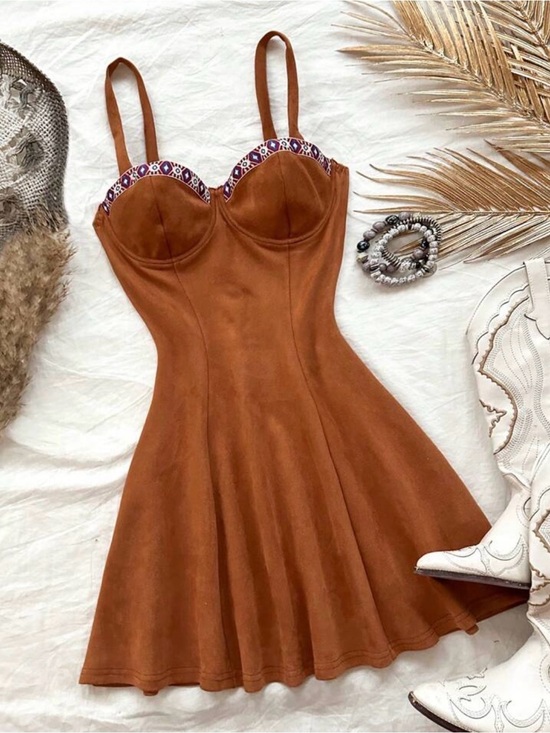 SHEIN Dresses & Skirts - SHEIN Rust Brown Fit-and-Flare Dress with Embroidered Bust size L
